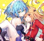  2girls bare_shoulders belt black_belt black_bow blonde_hair blue_bow blue_bowtie blue_hair bow bowtie breasts buttons clenched_hand cone_hair_bun detached_sleeves double-breasted dress finger_to_another&#039;s_mouth frilled_dress frills garter_straps green_eyes hair_between_eyes hair_bun hikikomari_kyuuketsuki_no_monmon large_breasts long_hair maid medium_hair multiple_girls pointy_ears puffy_detached_sleeves puffy_sleeves red_eyes riichu star_(symbol) terakomari_gandezblood thighhighs villhaze white_thighhighs yellow_background 