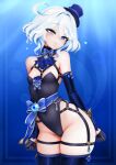  1girl :3 adapted_costume ascot barbariank bare_legs black_gloves black_leotard blue_ascot blue_background blue_eyes blue_headwear blue_thighhighs breasts commentary cowboy_shot detached_collar detached_sleeves english_commentary eyes_visible_through_hair furina_(genshin_impact) genshin_impact gloves hair_between_eyes half_gloves hat heart heterochromia highleg highleg_leotard highres jewelry leotard looking_at_viewer mini_hat mini_top_hat short_hair simple_background small_breasts smile smirk smug solo strapless strapless_leotard thighhighs top_hat white_hair 