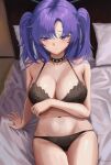  1girl absurdres arm_support averting_eyes bed black_bra black_choker black_panties blue_archive blush bra breasts choker cleavage collarbone dubeaduver halo highres indoors large_breasts navel on_bed panties pillow purple_eyes purple_hair sitting skindentation solo stomach twitter_username two_side_up underwear underwear_only yuuka_(blue_archive) 