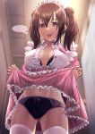  1girl absurdres alice_gear_aegis ass_visible_through_thighs black_bra black_panties blush bow bow_panties bra breasts brown_hair bureikubureido clothes_lift frilled_skirt frills front-hook_bra hair_between_eyes heart highres kimikage_yui lace-trimmed_bra lace-trimmed_panties lace_trim long_hair looking_at_viewer maid maid_headdress medium_breasts name_tag navel open_bra open_clothes open_mouth open_shirt panties pink_skirt purple_eyes romaji_text sidelocks skirt skirt_lift smile solo speech_bubble spoken_heart swept_bangs thighhighs thighs twintails unbuttoned unbuttoned_shirt underwear variant_set white_thighhighs 