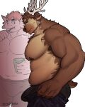  2boys abs animal_ears antlers armpit_hair artist_request ass bara belly big_belly black_male_underwear blank_stare boxers brown_fur bulge bulge_lift chest_hair deer_ears dressing eyebrow_cut facial_hair fat fat_man feet_out_of_frame from_side furry furry_male furry_with_furry goatee highres i&#039;ve_never_seen_a_guy_recreate_this_successfully_tbh_(meme) large_hands large_pectorals looking_at_bulge male_focus male_underwear meme motion_lines multiple_boys muscular muscular_male nipples open_pants original pants pants_lift pectorals pink_fur plump reindeer_antlers reindeer_boy short_hair sideburns stomach stubble thick_eyebrows topless_male undersized_clothes underwear yaoi 