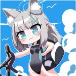  1girl :3 animal_ear_fluff animal_ears bag bicycle blue_archive blue_eyes blue_sky chibi cloud cloudy_sky commentary_request competition_school_swimsuit extra_ears grey_hair groin hair_between_eyes halo looking_at_viewer low_ponytail medium_hair mismatched_pupils o_(rakkasei) official_alternate_costume official_alternate_hairstyle outdoors school_swimsuit shiroko_(blue_archive) shiroko_(swimsuit)_(blue_archive) shoulder_bag sidelocks sky sleeveless smile solo swimsuit wolf_ears wolf_girl 