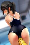  1girl absurdres arched_back arm_support ass bare_shoulders black_hair black_one-piece_swimsuit blurry blurry_background blush brown_eyes ceiling closed_mouth commentary cowboy_shot depth_of_field dutch_angle embarrassed from_behind highres indoors leaning_forward long_hair looking_at_viewer looking_back matsunaga_kouyou new_school_swimsuit nose_blush one-piece_swimsuit original ponytail pool school_swimsuit shiny_clothes sidelocks solo straddling swimsuit thigh_gap tile_ceiling tiles water 