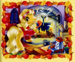  apple autumn blonde_hair blonde_mane bottomless butterscotch_(g3) cinnamon_(spice) cinnamon_stick clothed clothed_feral clothing container cooking cup detailed_background earth_pony equid equine female feral fire fireplace firewood food fruit furniture hair hasbro horse inside log lyn_fletcher mammal mane mlp_g3 my_little_pony official_art plant plate pony shirt shirt_only solo table tail topwear topwear_only wood yellow_body yellow_tail 