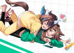  2girls alternate_costume animal_ears barefoot black_pants breasts brown_hair cellphone closed_eyes cup daitaku_helios_(umamusume) ear_covers fuyukayui green_eyes green_hoodie grid_background hair_ornament hairclip heart highres hood hoodie horse_ears horse_girl horse_tail hug long_hair long_sleeves looking_at_another lying mejiro_palmer_(umamusume) multicolored_hair multiple_girls on_stomach one_eye_closed open_mouth pants parted_bangs phone side_ponytail slippers small_breasts smile speech_bubble spilling star_(symbol) streaked_hair tail umamusume yellow_hoodie yellow_pants 