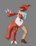  absurd_res anthro badroy bandai_namco bound digimon digimon_(species) encasement forced forced_transformation guilmon hi_res male rubber solo surprised_expression transformation 