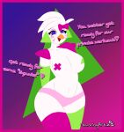  anthro athletic avian bird breasts chicken clothing dialogue ear_piercing ear_ring feathers female five_nights_at_freddy&#039;s five_nights_at_freddy&#039;s:_security_breach galliform gallus_(genus) glamrock_chica_(fnaf) green_clothing hair hi_res legwear leotard munchyartz phasianid piercing pink_body pink_clothing pink_feathers ring_piercing scottgames simple_background small_breasts solo steel_wool_studios thigh_highs white_body white_feathers wide_hips 