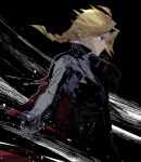  1boy black_background blonde_hair braid clenched_hand cofffee cowboy_shot edward_elric facing_to_the_side fullmetal_alchemist jacket jacket_over_shoulder jacket_removed long_hair looking_to_the_side male_focus parted_bangs pocket_watch prosthesis prosthetic_arm red_jacket single_braid solo watch yellow_eyes 