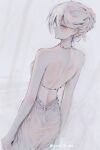  1girl back backless_dress backless_outfit bare_shoulders closed_mouth dress earrings grey_eyes gundam gundam_suisei_no_majo hair_bun highres inaeda_kei jewelry looking_back miorine_rembran off-shoulder_dress off_shoulder pale_skin profile short_hair single_earring solo twitter_username white_dress white_hair 