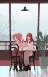  2girls absurdres bare_tree black_footwear blunt_bangs boots brown_footwear celica_(fire_emblem) dress feeding fire_emblem fire_emblem_echoes:_shadows_of_valentia fork high_heel_boots high_heels highres holding holding_fork indoors mae_(fire_emblem) medium_hair multiple_girls pink_sweater plant potted_plant red_eyes red_hair red_skirt skirt smile sweater sweater_dress sweater_tucked_in tree twintails white_dress yama0109 