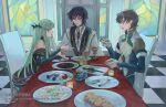  1girl 2boys absurdres black_hair bodysuit brown_hair c.c. candle code_geass cup dinner dishes drinking_glass food fork green_hair highres indoors io_ion kururugi_suzaku lelouch_vi_britannia meat multiple_boys off_shoulder plate steak table white_bodysuit wine_glass 