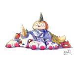  animal_skin anthro bandai_namco digimon digimon_(species) duo evolutionary_family feral fur gabumon hi_res horn lying male on_front red_eyes slightly_chubby striped_body striped_fur stripes tsunomon yellow_body youzaiyouzai112 