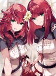  2girls absurdres belt blunt_bangs breasts commentary_request devola flower green_eyes hair_between_eyes hair_flower hair_ornament hand_on_own_hip highres long_hair medium_breasts multiple_girls nier:automata nier_(series) pants parted_lips popola red_eyes red_hair red_pants risumi_(taka-fallcherryblossom) scrunchie short_sleeves siblings side_slit sisters twins white_belt wrist_scrunchie 