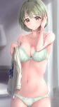  1girl :o absurdres bedroom blurry blurry_background blush bow bow_bra bow_panties bra breasts cleavage collarbone commentary_request cowboy_shot crotch_seam depth_of_field dressing fujinomiya_rio green_bra green_eyes green_hair green_panties groin hand_in_own_hair hand_on_own_head highres holding holding_clothes idolmaster idolmaster_shiny_colors indoors lace-trimmed_bra lace-trimmed_panties lace_trim light_frown looking_at_viewer medium_breasts nanakusa_nichika navel panties parted_lips revision short_hair skindentation solo standing stomach underwear underwear_only vest_removed 