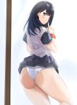  1girl against_fourth_wall against_glass ass ass_on_glass ass_press black_hair black_skirt blue_eyes blush cardigan clothes_lift finger_to_mouth from_behind gridman_universe highres hinata_sora index_finger_raised long_hair looking_at_viewer looking_back microskirt orange_scrunchie panties parted_lips pleated_skirt school_uniform scrunchie shushing skirt skirt_lift solo ssss.gridman standing takarada_rikka thighs underwear white_cardigan white_panties wrist_scrunchie 