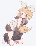  1girl black_sailor_collar black_shorts blonde_hair blue_eyes crop_top detached_sleeves full_body hair_ribbon highres kagamine_rin kneeling looking_to_the_side multiple_hairpins page59 ribbon sailor_collar shirt short_hair shorts sketch solo vocaloid white_background white_ribbon white_shirt 