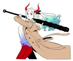  1girl belt blue_hair brown_coat club_(weapon) coat commentary cowboy_shot earrings floating_hair green_hair hair_ornament high_ponytail holding holding_weapon horns jewelry kanabou looking_at_viewer multicolored_hair one_piece pants ponytail profile purple_belt raine_(acke2445) red_horns red_pants shirt simple_background smile solo symbol-only_commentary weapon white_background white_hair yamato_(one_piece) 
