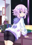  1girl ass bike_shorts dhiparizky from_behind hair_ornament hair_ribbon hairband highres hood hood_down hooded_jacket jacket looking_at_viewer neptune_(neptune_series) neptune_(series) purple_eyes purple_hair ribbon short_hair shorts skin_tight skindentation solo 