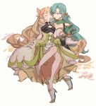  2girls barefoot blonde_hair blue_hair breasts butterfly_hair_ornament celine_(fire_emblem) chloe_(fire_emblem) closed_eyes dress fire_emblem fire_emblem_engage full_body gloves green_dress green_eyes hair_ornament holding_another&#039;s_hair large_breasts long_hair looking_at_another multiple_girls small_breasts tencryingemojis very_long_hair white_background white_gloves yuri 