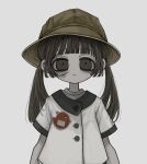 1girl arms_at_sides blunt_bangs brown_eyes brown_hair buttons closed_mouth commentary_request dilated_pupils expressionless grey_background hat highres injury kindergarten_uniform long_hair looking_at_viewer name_tag original oshio_(shioqqq) school_hat scratches shirt short_sleeves sidelocks simple_background solo standing straight-on twintails upper_body white_background white_shirt yellow_headwear 