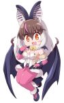  1girl animal_ears bat_ears bat_girl bat_wings brown_eyes brown_hair brown_long-eared_bat_(kemono_friends) elbow_gloves extra_ears fingerless_gloves gloves grey_hair highres kemono_friends kemono_friends_v_project leotard long_hair looking_at_viewer microphone pantyhose rakugaki_arai shoes simple_background skirt solo virtual_youtuber wings 