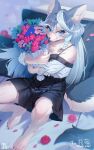  2023 4_fingers 4_toes anthro aruurara black_bottomwear black_clothing black_skirt blue_eyes bottomwear bouquet braided_hair canid canine chest_tuft clothing cushion eyebrow_through_hair eyebrows feet female fingers flower flower_bouquet fox fur grey_hair hair hi_res inner_ear_fluff kemono looking_at_viewer mammal multicolored_hair plant pleated_skirt sitting skirt solo toes translucent translucent_hair tuft two_tone_hair white_body white_fur 