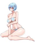  1girl absurdres ayanami_rei bare_shoulders barefoot between_legs bikini blue_hair blush breasts commentary_request commission dogs_(dlrkdejr26) feet full_body hair_ornament hand_between_legs highres korean_commentary large_breasts light_blue_hair long_hair looking_at_viewer medium_hair navel neon_genesis_evangelion parted_lips polka_dot polka_dot_bikini red_eyes sitting solo swimsuit thighs transparent_background very_long_hair wariza 
