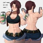 1girl abs back beer_can black_lagoon blush breasts can cleavage english_text highres holster large_breasts long_hair looking_at_viewer muscular muscular_female ponytail red_hair revy_(black_lagoon) shorts shoulder_holster simple_background solo tank_top topless white_background yoracrab 