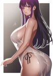  1girl alternate_breast_size alternate_costume ass backless_dress backless_outfit bare_shoulders black_panties blunt_bangs blush border breasts bright_pupils closed_mouth commentary dress fern_(sousou_no_frieren) from_side highres ho_haiiro huge_breasts long_hair looking_at_viewer looking_to_the_side outside_border panties pout purple_eyes purple_hair see-through see-through_dress side-tie_panties sideboob solo sousou_no_frieren underwear white_border white_dress white_pupils 