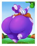  2023 animal_crossing anthro belly big_butt blush blush_stickers bottomless breasts butt butt_focus clothed clothing female food fruit fur hi_res hoodah huge_butt koala mammal marsupial nintendo outside overweight overweight_anthro overweight_female pear plant purple_body purple_fur reaching reaching_for_object sky smile solo sydney_(animal_crossing) tree vombatiform 