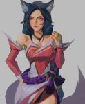  1girl absurdres ahri_(league_of_legends) animal_ears bare_shoulders black_hair breasts brown_eyes chadetteisgiga cleavage collarbone cowboy_shot detached_sleeves facial_mark fox_ears fox_girl fox_tail highres korean_clothes large_breasts league_of_legends long_hair red_sleeves solo tail whisker_markings 