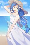 1girl arm_behind_head arm_up bare_shoulders beach blue_hair bow collarbone dana_(ys) dress green_eyes hair_bow hair_rings hat long_braid long_hair looking_at_viewer love_credo ocean open_mouth outdoors sand smile solo straw_hat sundress water white_bow white_dress ys ys_viii_lacrimosa_of_dana 