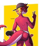  anthro backwards_baseball_cap backwards_hat baseball_cap butt clothing daxxe_(character) erection genitals gesture hand_gesture hat headgear headwear hi_res humanoid_genitalia humanoid_penis jockstrap licking licking_lips male mario_bros mostly_nude nintendo penis red_body red_scales reptile scales scalie sharkcatsg skateboard solo tattoo tongue tongue_out underwear v_sign vehicle yoshi 