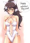  1girl 2018 absurdres azur_lane black_hair breasts casual_one-piece_swimsuit choker cleavage clothing_cutout collarbone cowboy_shot flower hair_flaps hair_flower hair_ornament hair_ribbon hand_on_own_chest highres large_breasts navel_cutout one-piece_swimsuit parted_lips ponytail ribbon sawwei005 side-tie_one-piece_swimsuit solo swimsuit takao_(azur_lane) takao_(beach_rhapsody)_(azur_lane) valentine white_choker white_flower white_one-piece_swimsuit white_ribbon 