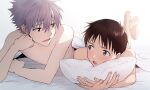  11kkr 2boys after_sex barefoot bed_sheet blue_eyes blush grey_hair hair_between_eyes ikari_shinji male_focus multiple_boys nagisa_kaworu neon_genesis_evangelion nude on_bed open_mouth pillow red_eyes teeth yaoi 