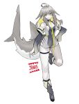  1girl ahoge baniran_dorosu bare_shoulders blonde_hair breasts collar colored_inner_hair commentary detached_sleeves facial_mark fins fish_tail full_body grey_footwear grey_hair hair_between_eyes hand_on_own_hip highres jaws_(movie) leash leotard light_smile looking_at_viewer multicolored_hair parted_lips personification shark_girl shark_tail sharp_teeth simple_background skindentation small_breasts solo symbol-only_commentary tail teeth white_background wide_sleeves yellow_eyes 