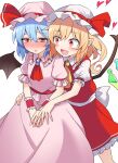  2girls bat_wings blonde_hair blue_hair blush dress e.o. flandre_scarlet frilled_skirt frills hat highres jewelry mob_cap multiple_girls pink_dress puffy_short_sleeves puffy_sleeves red_eyes red_skirt red_vest remilia_scarlet short_sleeves shy skirt touhou vest white_background wings yuri 