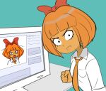  1girl 4chan absurdres apopfonz bob_cut bow clenched_hand collared_shirt fake_website freckles hair_bow highres looking_at_viewer medium_hair monitor mymy_schoppenboer necktie ongezellig orange_hair orange_necktie red_bow shirt solo soyjak white_shirt 
