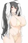  1girl ahoge alternate_costume arms_up azur_lane bikini black_hair blush breasts cleavage collared_shirt commentary cowboy_shot curvy dress_shirt hair_between_eyes hands_in_hair highres huge_breasts long_hair looking_at_viewer misato_pic multi-strapped_bikini navel open_clothes open_shirt parted_lips red_eyes shirt side-tie_bikini_bottom simple_background solo standing stomach string_bikini swimsuit taihou_(azur_lane) white_background white_shirt wing_collar yellow_bikini 