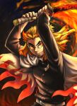  1boy belt blonde_hair buttons closed_mouth demon_slayer_uniform fingernails flame_print flaming_sword flaming_weapon forked_eyebrows haori japanese_clothes kimetsu_no_yaiba long_hair long_sleeves male_focus multicolored_hair pupupupu_(fu-rai) red_eyes red_hair rengoku_kyoujurou smile solo two-tone_hair weapon white_belt 