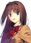  1girl aozaki_aoko blazer blue_eyes brown_hair brown_jacket hair_intakes highres jacket koyama_hirokazu long_hair mahou_tsukai_no_yoru neck_ribbon open_mouth red_ribbon ribbon school_uniform smile solo third-party_source uniform 