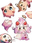  :d alcremie animal_focus bird blue_eyes closed_eyes commentary_request ditto fake_halo food fruit furret halo hanabusaoekaki heart highres jigglypuff no_humans owl pokemon pokemon_(creature) rowlet simple_background sleeping smile solid_oval_eyes strawberry white_background 