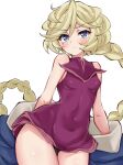  1girl black_panties blonde_hair blue_eyes blush braid braided_ponytail breasts carol_malus_dienheim covered_navel covered_nipples cowboy_shot dress freedom_xdrive long_hair mole mole_under_eye panties panty_peek senki_zesshou_symphogear short_dress simple_background sleeveless sleeveless_dress small_breasts solo teardrop thigh_gap underwear very_long_hair white_background 