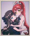  2girls bare_shoulders black_bow black_dress black_vs_white blue_eyes border bow brown_hair closed_mouth collared_dress dress grey_background hair_bow hand_on_another&#039;s_shoulder highres hug kurosu_aroma long_hair looking_at_viewer multiple_girls neck_ribbon ponytail pretty_(series) pripara red_hair ribbon rituyama1 shiratama_mikan short_sleeves sitting sleeveless sleeveless_dress smile very_long_hair wavy_hair white_border white_dress white_ribbon yellow_eyes 