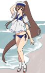  beach bikini blue_bikini blush breasts brown_hair grey_footwear hat kantai_collection kasumi_(skchkko) large_breasts long_hair loose_clothes outdoors sailor_collar sailor_hat school_uniform serafuku side-tie_bikini_bottom sidelocks sketch smile socks solid_oval_eyes swimsuit very_long_hair white_socks yamato_(kancolle) 