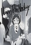  1girl 3boys 5saiji birthday blush cape character_request collared_shirt confetti dated fate/zero fate_(series) gray_(fate) greyscale hair_between_eyes happy_birthday hat highres holding iskandar_(fate) looking_at_viewer monochrome multiple_boys necktie open_mouth reines_el-melloi_archisorte shirt sliding_doors streamers sweat waver_velvet 