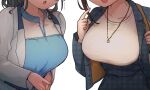  2girls black_hair black_jacket black_skirt blue_dress breasts brown_hair chougei_(kancolle) collarbone dress head_out_of_frame highres jacket jewelry jingei_(kancolle) kantai_collection kirisawa_juuzou large_breasts medium_hair multiple_girls necklace official_alternate_costume open_clothes open_jacket open_mouth shirt simple_background skirt upper_body white_background white_jacket white_shirt 