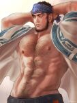  1boy abs arm_hair arms_behind_head bara bare_pectorals black_hair black_pants blue_headband chest_hair closed_mouth golden_kamuy headband large_pectorals male_focus muscular muscular_male navel navel_hair nipples nopinzo open_clothes pants pectorals scar scar_on_cheek scar_on_face short_hair solo tanigaki_genjirou upper_body 