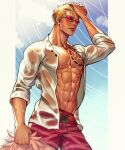  1boy abs arm_up blonde_hair capri_pants chest_tattoo closed_mouth cloud cloudy_sky coat cowboy_shot day donquixote_doflamingo hand_on_own_head highres holding holding_clothes holding_coat male_focus muscular muscular_male navel one_piece open_clothes pants red-tinted_eyewear shirt short_hair sky smiley_face sunglasses sweatdrop tattoo thread tinted_eyewear wet wet_clothes white-framed_eyewear white_shirt yoleviii 