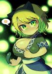  1girl animal_ears black_shirt black_skirt blonde_hair blush breasts carte cat_ears emoji green_eyes highres large_breasts layered_clothes medium_breasts medium_hair mizuhashi_parsee multicolored_clothes nipple_slip nipples pointy_ears shirt short_sleeves skirt spoken_emoji touhou 